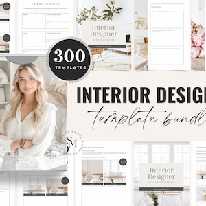 May include: A digital product bundle for interior designers, featuring 300 templates. The bundle includes a service guide, client questionnaire, and social media templates. The image also shows a woman standing in front of a bookshelf.