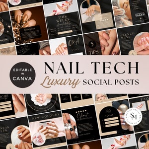 Op de afbeelding: Een verzameling social media post sjablonen voor nagelstylisten. De sjablonen hebben een zwarte en gouden achtergrond met afbeeldingen van gemanicuurde nagels en tekst die "Nail Tech", "Luxury Social Posts", "This Weeks Availability", "Q&A Nails", "5 Tips", "French Mani", "New Colors", "Client Testimonial", "AA Today", "Good News Good Shine", "Contact Us Today", "Remember Got It", "Services", "Care", "Near Week", "Maven Social Co", "SM", "FAQ" bevat.