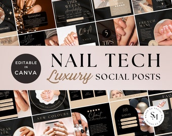 Nail Tech Instagram Post Template Pack, Black & Gold, Nail Salon Canva Templates, Nail Artist Templates, Nail Tech Flyers, Luxury Templates