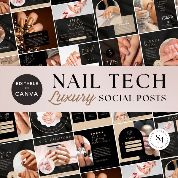 Nail Tech Instagram Post Template Pack, Black & Gold, Nail Salon Canva Templates, Nail Artist Templates, Nail Tech Flyers, Luxury Templates