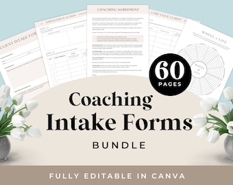 Coaching Aufnahmeformulare | 60 Coach Canva Vorlagen | Trainer Arbeitsblätter | Kundenvereinbarung, Aktionsplan | Rad des Lebens | Sofort Download