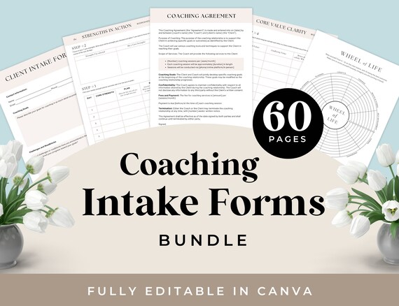 Coaching Intake Forms | 60 Coach Canva Templates | Coach Worksheets | Client Agreement, Action Plan | Wheel of life | Instant Download