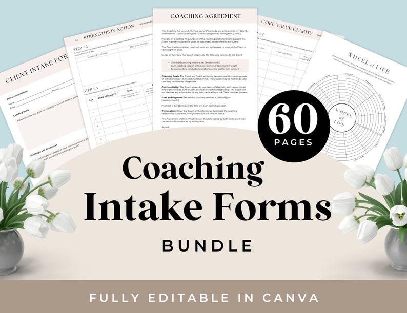 client intake forms, coaching template, coach intake forms, 60 editable Canva templates.