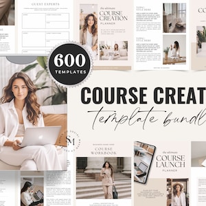 Op de afbeelding: Een collage van afbeeldingen die een cursusmaker-sjabloonbundel met 600 sjablonen laten zien. De afbeeldingen omvatten een vrouw die aan een laptop werkt, een cursusplanningswerkblad, een cursuscreatieplanner, een cursuslanceringsplanner en een cursuswerkboek. De tekst "COURSE CREATOR Template Bundle" wordt prominent in het midden van de collage weergegeven.