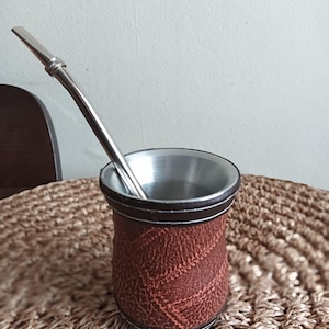 Leather Wrapped Aluminum Mate Cup with Bombilla – Traditional Yerba Mate Gourd & Straw Set