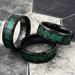 Black Tungsten Men's Ring Green Carbon Fiber Celtic Dragon Wedding Band - 6/8mm - Green Mens Ring - Engraving