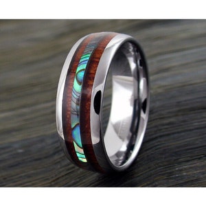 Koa Wood Ring, Abalone Shell/Blue Inlay, Tungsten Rings, Koa Wood Ring for Men and women, 8mm Koa Wood Band, Tungsten Band, Tungsten Ring