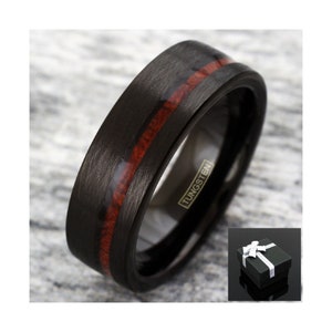 Man Tungsten Ring - 8mm - Black Mens - Distressed Brushed Tungsten Off-Center Koa Wood Wedding Band Ring - Ring for Man - Wedding Band Man