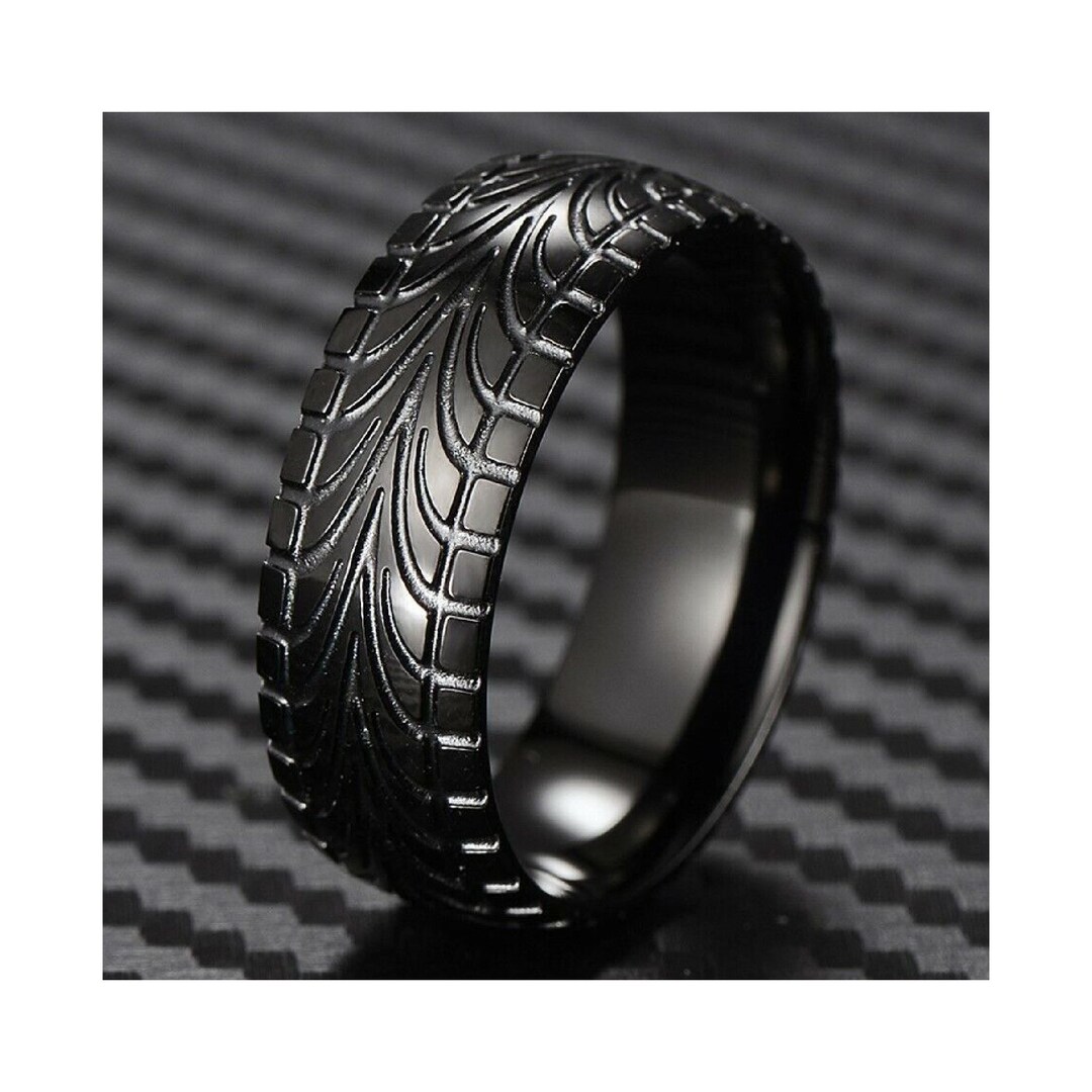 Black Stainless Steel Men's Tire Track Tread Wedding Band Ring, Wedding