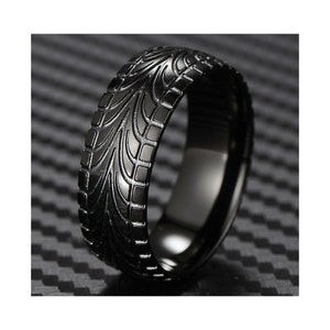 Black Stainless Steel Men's Tire Track Tread Wedding Band Ring, Wedding Band Ring Men's Jewelry, Men's Wedding Band, Unique Jewelry