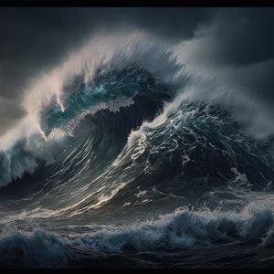 Peut inclure: Une vague puissante et imposante s'abat sur une côte rocheuse, créant une scène dramatique de la force de la nature. La vague est éclairée par une faible lumière provenant de l'arrière, créant une impression de profondeur et de mystère.
