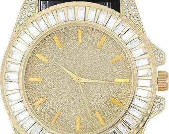 Men's Baguette Cut Crystal Bling Watch - ST10372  Black Rubber Gold