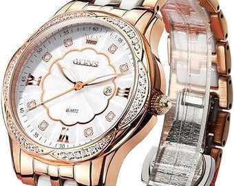 Women's Rose Gold White Ceramic Strap Watch - Elegant Timepiece with Diamond Accents