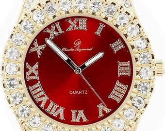 Mens Colorful Dial Watch with Gemstones and Roman Numerals - Gold Blood Red
