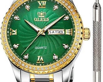 Men's Luxury Diamond Accent Waterproof Business Casual Watch - Analog Quartz with Calendar Week Display-Green