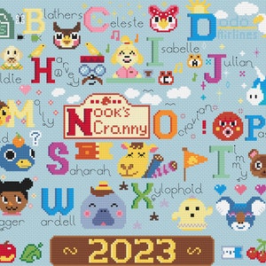 May include: A cross-stitch design featuring the alphabet with characters from the Animal Crossing video game. The design includes the text "Able Sisters," "Nook's Cranny," and "2023." The background is light blue, and the letters are in red.