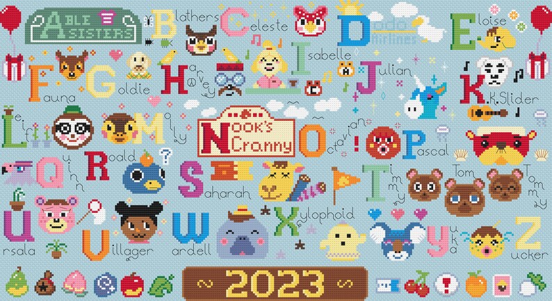 May include: A cross-stitch design featuring the alphabet with characters from the Animal Crossing video game. The design includes the text "Able Sisters," "Nook's Cranny," and "2023." The background is light blue, and the letters are in red.