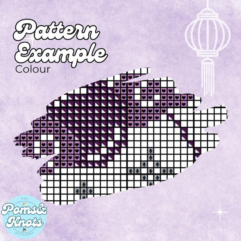 May include: A cross-stitch pattern example with the words "Pattern Example Colour" in a stylized font. The design features a grid of purple, white, and black squares, with heart-shaped details. The logo "Poms & Knots Stitchery" is at the bottom.