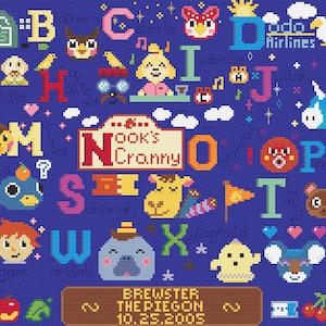 May include: Cross-stitch design featuring the alphabet with characters from the Animal Crossing video game series. The design includes the Able Sisters, Nook's Cranny, Dodo Airlines, and various villagers, all set against a blue background.