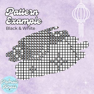 May include: A cross-stitch pattern example in black and white, featuring a grid design with heart and triangle shapes. The text "Pattern Example Black & White" is displayed in a stylized font. A logo for "Poms & Knots" is in the lower left corner.