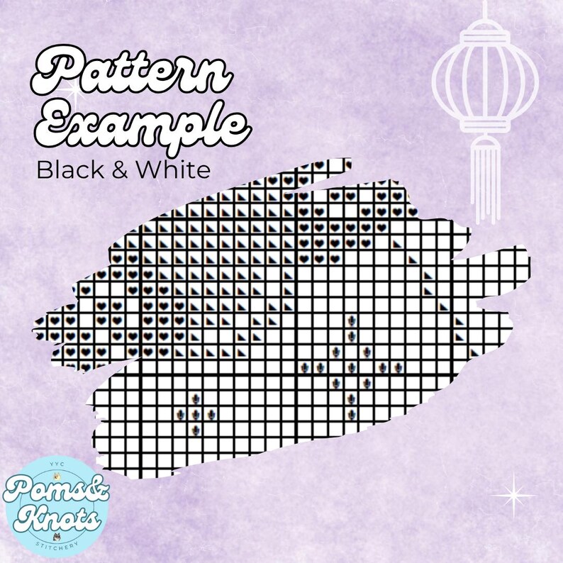 May include: A cross-stitch pattern example in black and white, featuring a grid design with heart and triangle shapes. The text "Pattern Example Black & White" is displayed in a stylized font. A logo for "Poms & Knots" is in the lower left corner.