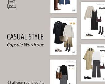 Penderie capsule de style décontracté/urbain, 98 idées de tenues pré-coiffées toute l'année, 2026, Article de base décontracté 4 saisons, PDF, téléchargement immédiat