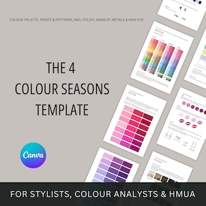 Puede incluir: Una plantilla titulada "THE 4 COLOUR SEASONS" con paletas de colores y ejemplos de maquillaje. La imagen incluye texto: "COLOUR PALETTE, PRINTS & PATTERNS, NAIL POLISH, MAKEUP, METALS & HAIR DYE" y "FOR STYLISTS, COLOUR ANALYSTS & HMUA". El logotipo de Canva es visible.