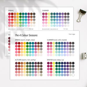 May include: A color palette guide titled "The 4 Colour Seasons" with color swatches for Spring, Summer, Autumn, and Winter. Each season features a range of colors, with text descriptions. Includes a paper clip.