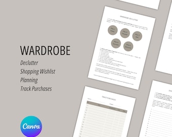Aménagement de garde-robe capsule, guide de rangement et de rangement de la penderie, liste de courses, suivi des achats, outil numérique imprimable, Canva