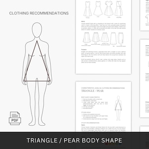 May include: An illustration detailing clothing recommendations for a triangle/pear body shape. The image includes a diagram of the body shape, clothing styles, and text. The text includes the words "Clothing Recommendations" and "Triangle/Pear Body Shape."