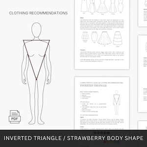 May include: A fashion guide for the inverted triangle or strawberry body shape. The image includes a diagram of the body shape, clothing recommendations, and styling goals. The text includes the words "Clothing Recommendations" and "PDF".