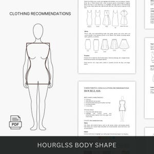 May include: A diagram illustrating clothing recommendations for an hourglass body shape. The image includes a stylized female figure, clothing style examples, and text detailing body shape characteristics and styling goals. The PDF icon is visible.