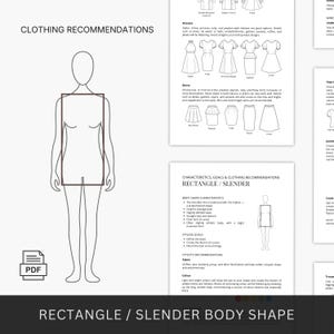 Puede incluir: Infografía blanca con el título "Recomendaciones de ropa" con ilustraciones de vestidos y faldas. El texto proporciona objetivos de estilo y recomendaciones de telas para una forma de cuerpo rectangular/delgada. Icono PDF.