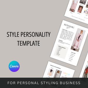 Könnte beinhalten: Ein Stil-Persönlichkeits-Template mit dem Text "Style Personality Template". Das Canva-Logo ist in der unteren linken Ecke zu sehen. Der Text "For Personal Styling Business" befindet sich am unteren Rand.
