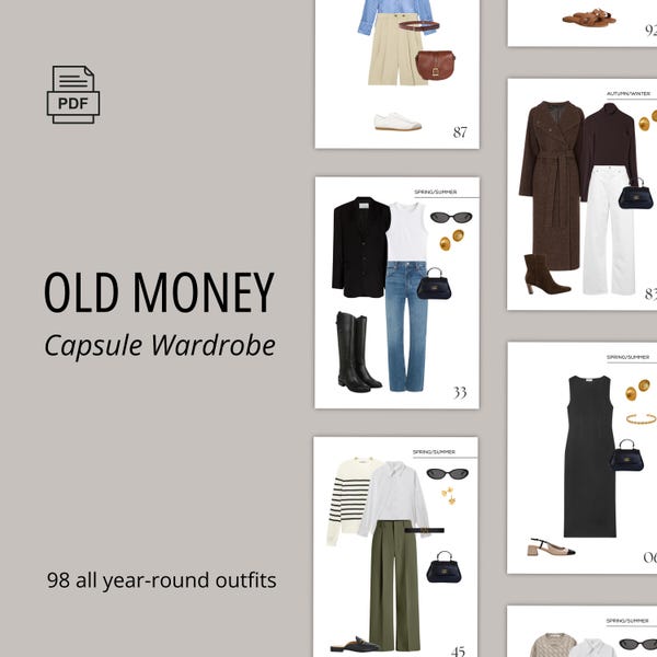 Alter Geldkapsel-Garderobe, klassischer Stil, 98 ganzjährig vorgestylte Outfit-Ideen, 2026, zeitlose Heftklammern, PDF, Instant Download