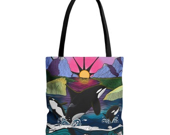 Orcas in Alaska AOP tote bag