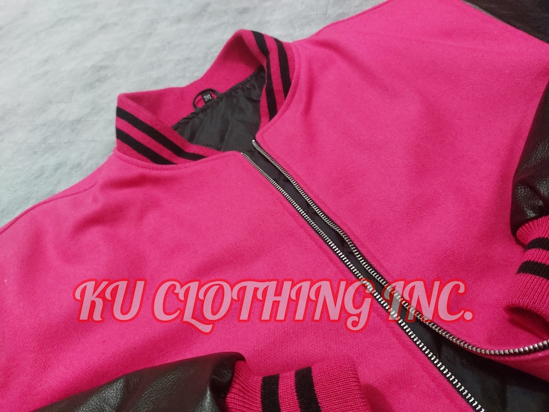 Women Varsity Jacket, Letterman Jacket, Pink Jacket, Wool and Leather Jacket Hot Pink Black