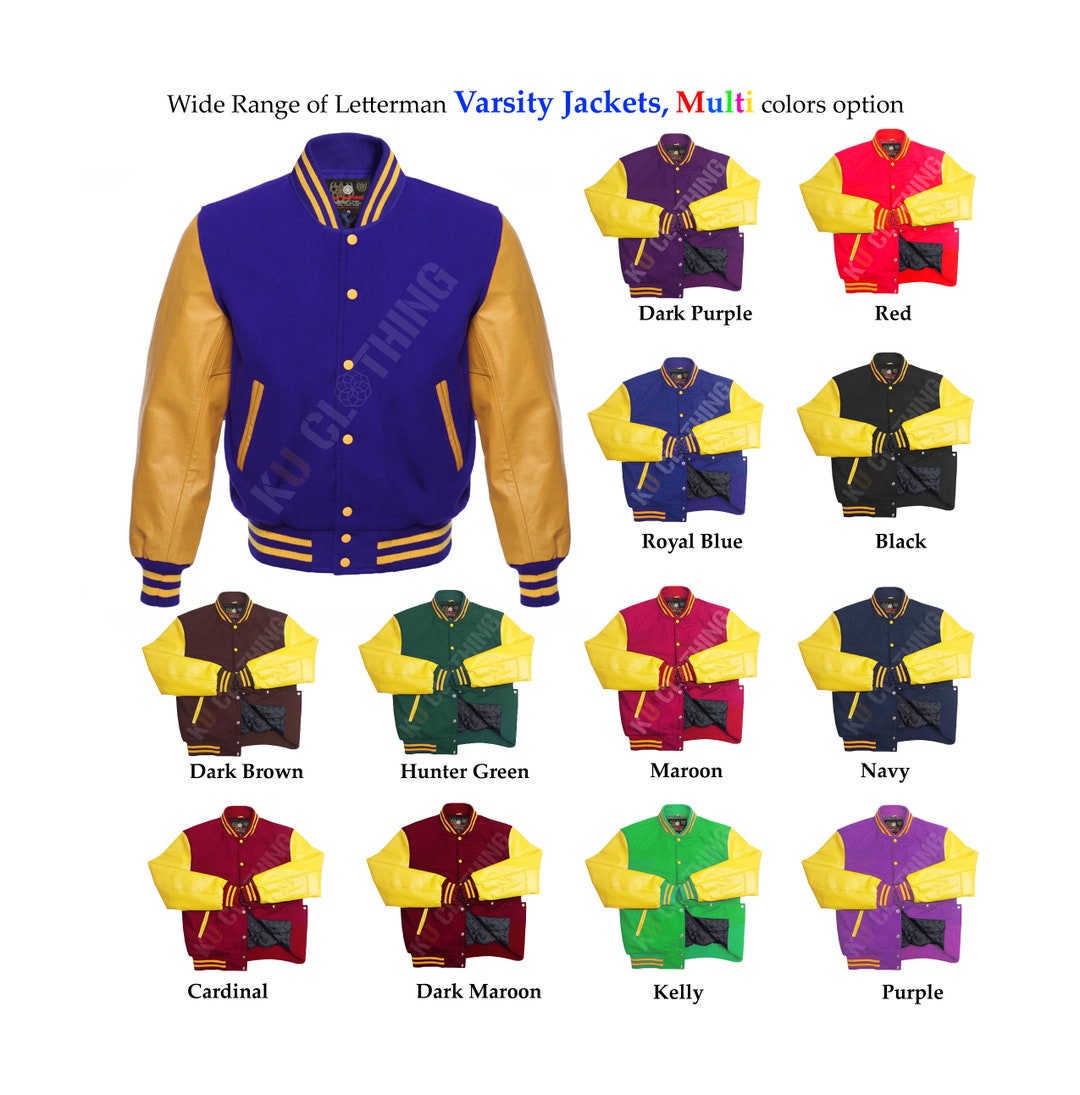 Multi Colors Options Varsity Jacket, Letterman Baseball Bomber Jacket Wool & Gold Real Cowhide ...