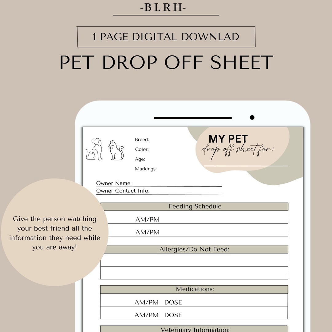 Digital Download Pet Drop off Sheet Important Pet Information Pet