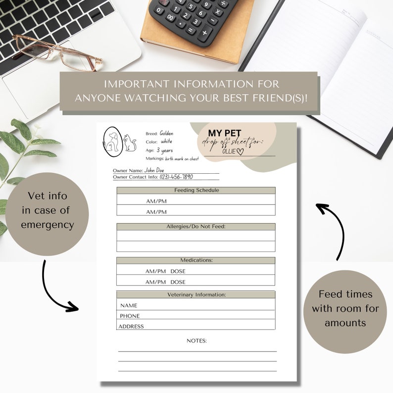 Digital Download Pet Drop off Sheet Important Pet Information Pet