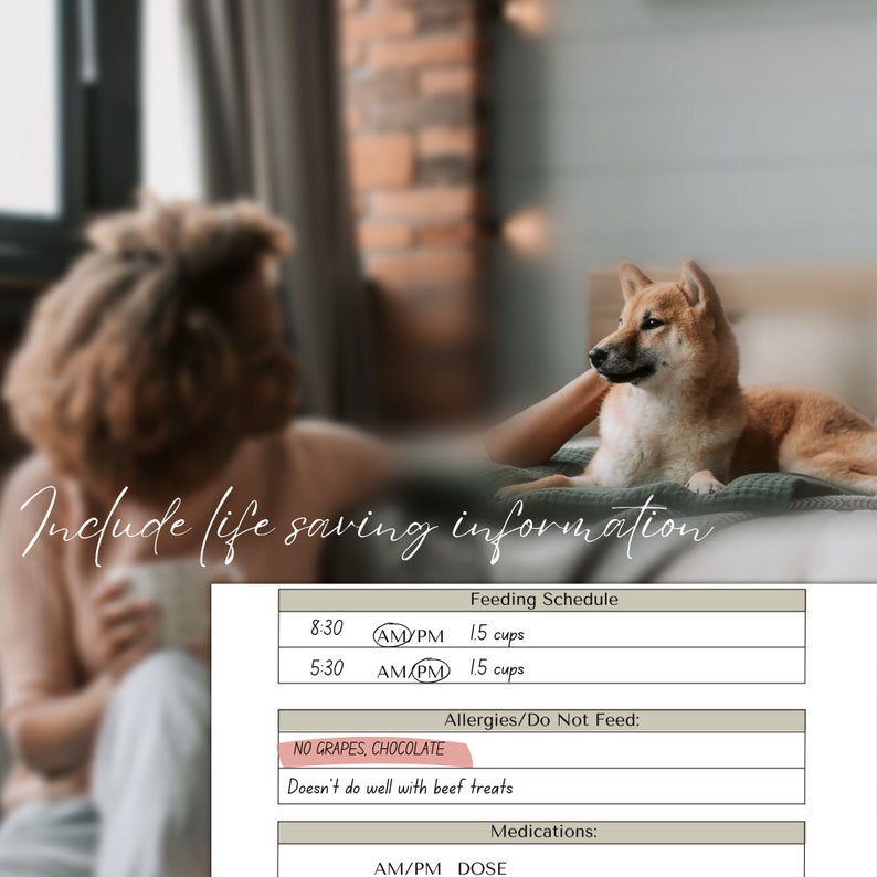 Digital Download Pet Drop off Sheet Important Pet Information Pet