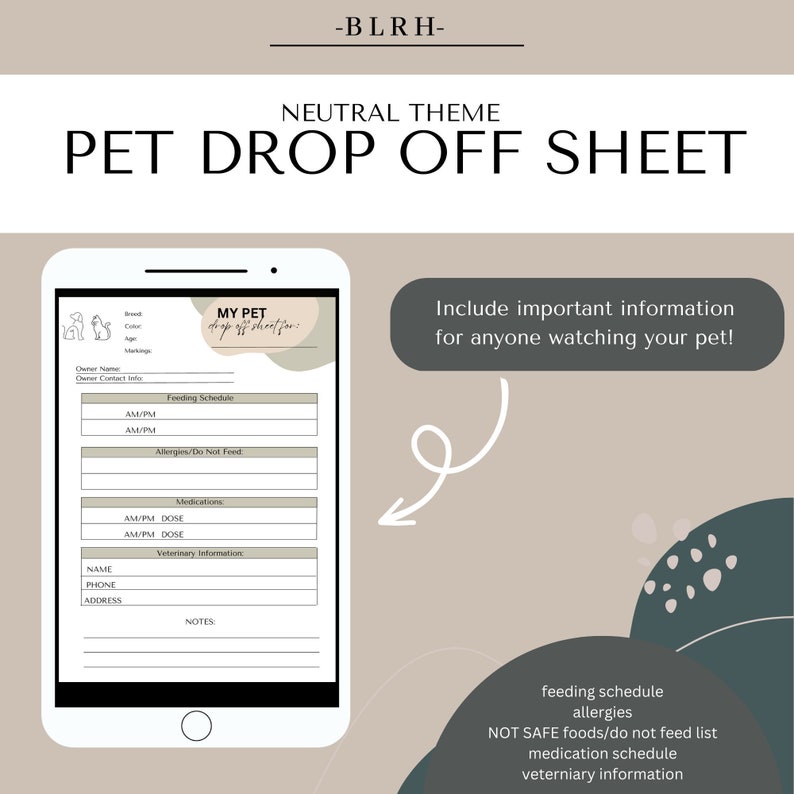 Digital Download Pet Drop off Sheet Important Pet Information Pet