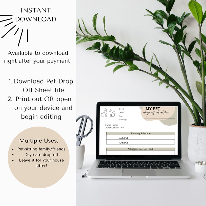 Digital Download Pet Drop off Sheet Important Pet Information Pet