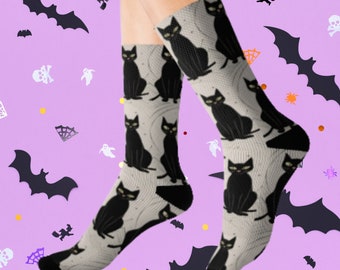 Black Cat Design Sublimation Socks, Kitty Pattern Socks, Halloween socks, Cat lover Socks, Black Cat Footwear, Fun animal print socks