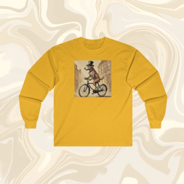 Dog riding a bicycle, long sleeved T-shirt, Unisex, Canine Shirt, Bicycle Tee,  Quirky Tee, Top Hat Tshirt, Dog lover T-Shirt, Animal lover