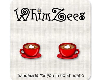 Tea Cup Earrings / Red Coffee Cup Valentine Earrings / Hot Chocolate / Coffee Lovers / Friends Gifts /Presents for Friend /  W229