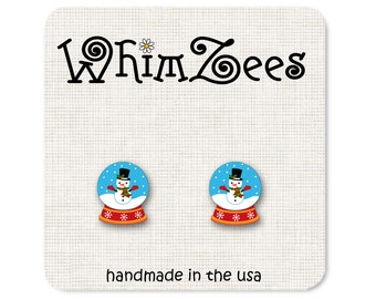 Snowglobe, Snowglobe Earrings, Snowman Snowglobe Christmas Earrings, Christmas Stud Earrings Cute Snowglobes Christmas Jewelry W175