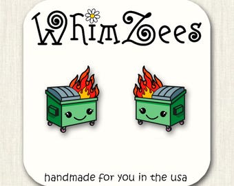 Kawaii Dumpster Fire Earrings / Funny Stud Earrings / Cute / Joke Gift Ideas / This is Fine / Fun Meme / Kawaii Dumpster /  W80