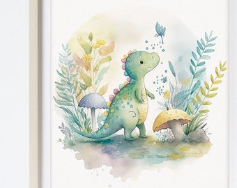 Cute Dino Print  | Watercolour and Mixed Media Style | Digital Print | Kids Room | Nursery | Printable Poster | Download