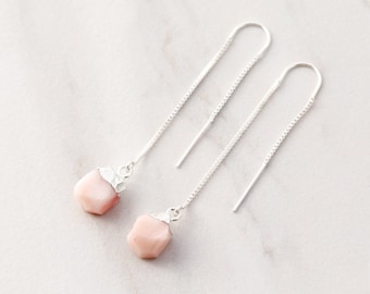 Pink Opal Threader Earrings - Birthstone Earrings, Minimalist Earring, October Birthday Gift, Hypoallergenic, Threader Dangle Earrings Bride